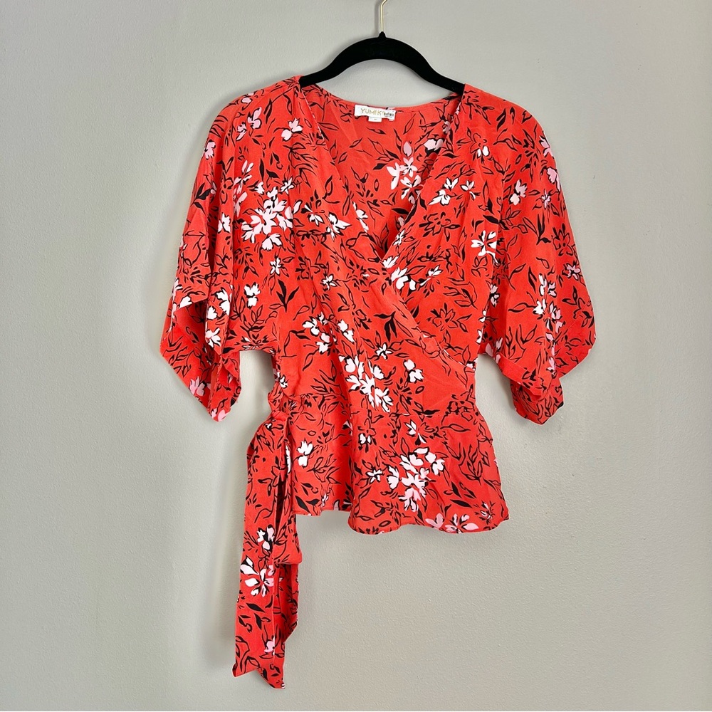 Floral Print Silk Wrap Blouse, Short Kimono Sleeve Women’s M Romantic Chic Boho